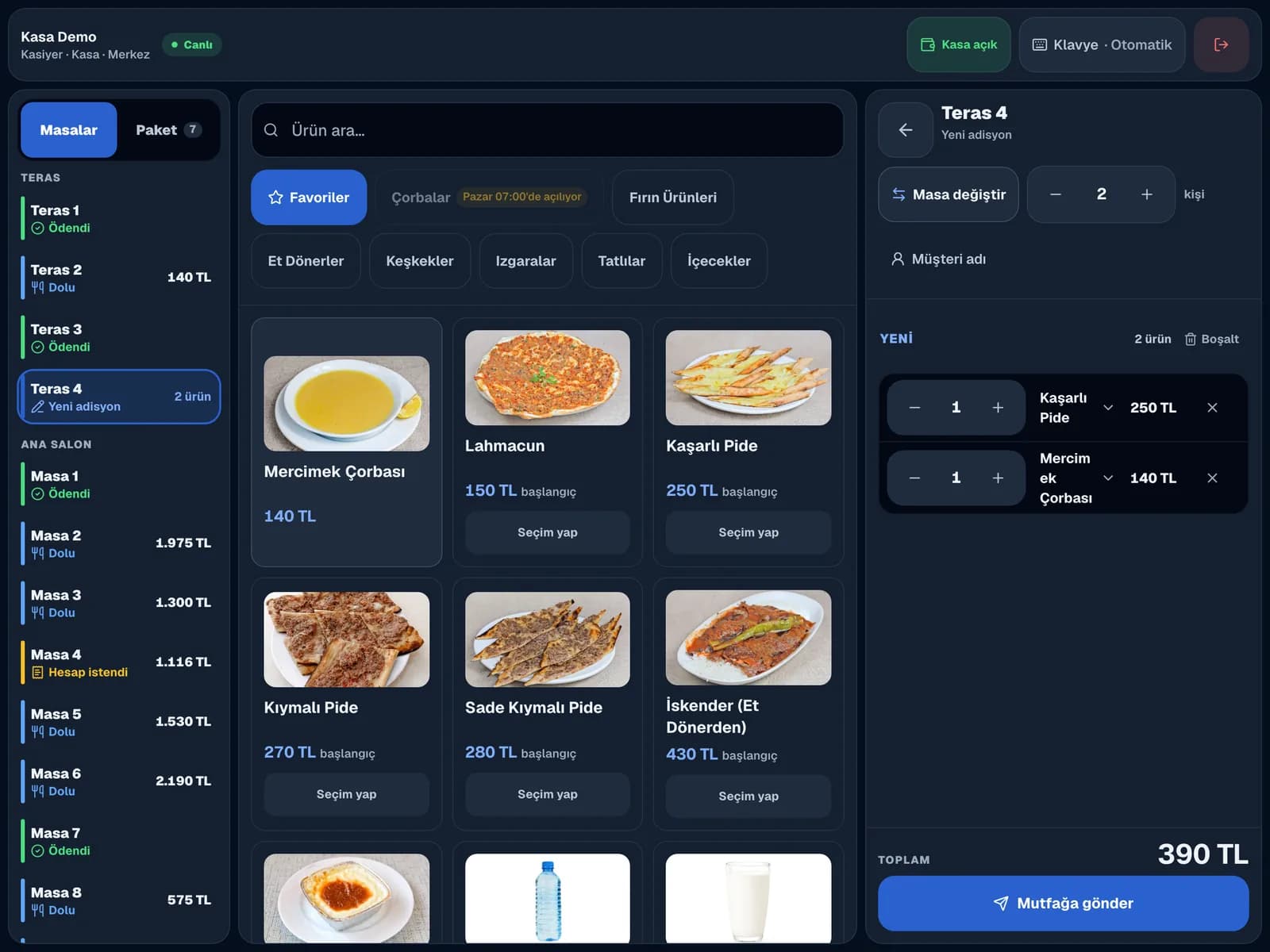Pi Resto kasa ekranı: masa listesi, ürünler ve sepet; yanında garsonun telefonundaki masa planı